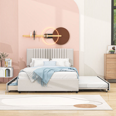 Lit plateforme double avec tête de lit, tiroirs spacieux et lit gigogne simple