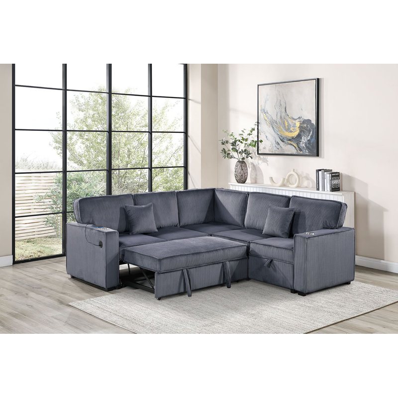 3-Piece Convertible Sectional, Dark Gray Corduroy