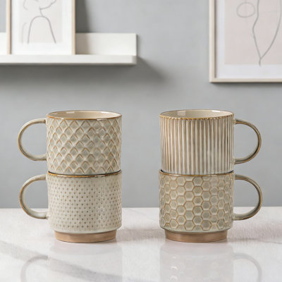 Ceramic Coffee Mugs Set Of 4, 8Oz Textured Modern Cups For Espresso And Cappuccino, Dishwasher And Microwave Safe