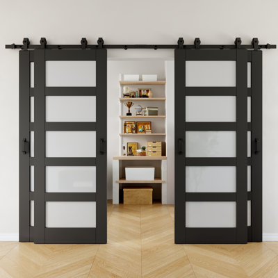 80"H 5-Lite Frosted Glass Manufacture Wood, Black Primer Bypass Sliding Barn Doors, Two Single-Track Systems Hardware Kit Included, 4 Door — No Assembly Required