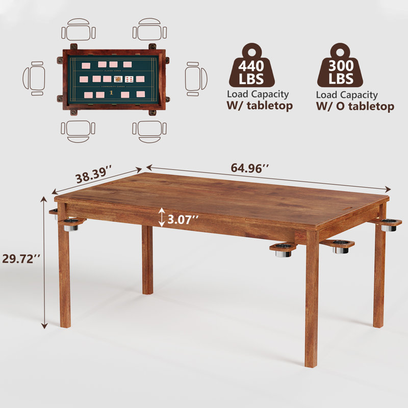 Table de jeu en chêne pour 6 joueurs avec plateau amovible