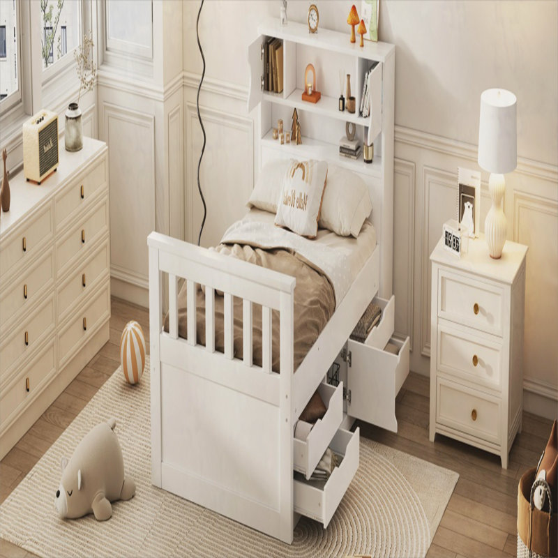 Structure de lit plateforme simple avec bibliothèques de rangement et tablettes, quatre tiroirs, Blanc