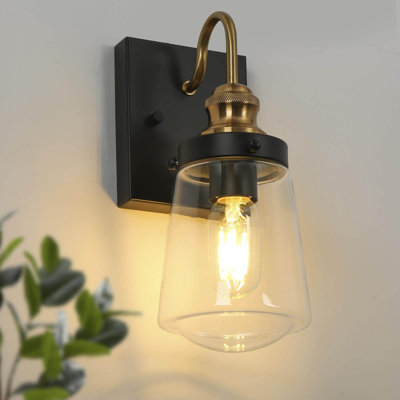 Abinayan Black & Gold Dimmable Wall Sconce with Clear Glass Shade for Damp Indoor