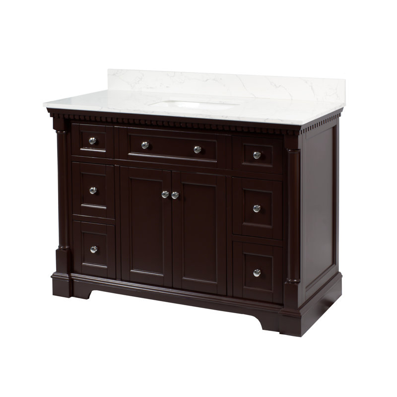 Meuble-lavabo simple 48 po avec armoire en chocolat et comptoir en marbre, Chocolat, Marbre d'ingénierie