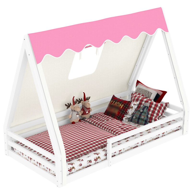 Lit simple en bois massif blanc et rose avec tente et garde-corps pleine longueur pour tente de tipi taille, design, couleur, sommeil sécuritaire