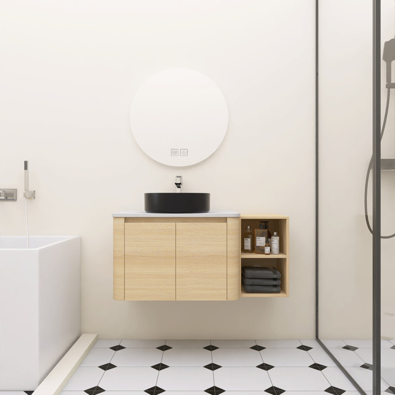 Meuble-lavabo mural 42 po avec lavabo d'art en céramique et 1 tablette de rangement, chêne blanc américain, Noir