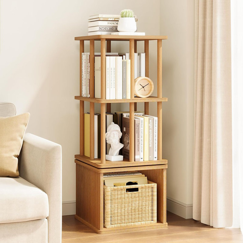 Bibliothèque pivotante en bois de hêtre avec base de rangement, étagère rotative compacte autoportante - chêne