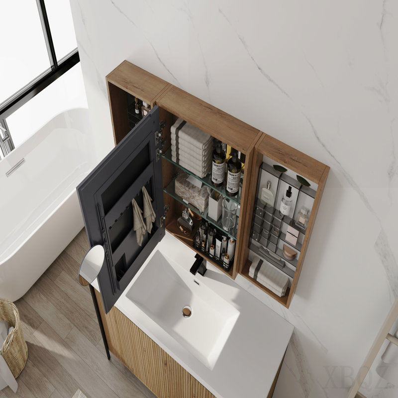 43.7'' Bathroom Mirror Cabinet With Storage Combination,Wall Mounted Medicine Cabinet With Mirror Door,Storage Cabinet With Accessories-Frosted Plastic Bins & Hooks,Plywood