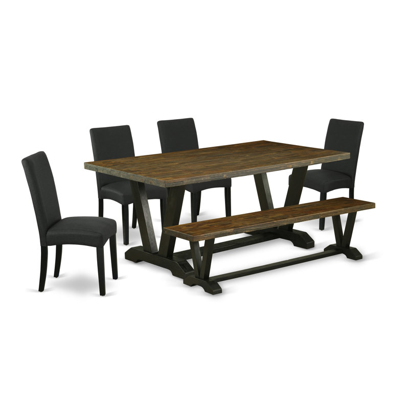 L'ensemble de table de salle à manger 6 pièces contient une table en bois jacobine vieilli, un banc moderne et 4 chaises de cuisine en tissu noir avec dossier haut - finition noire brossée