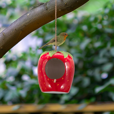 Mangeoire à oiseaux en grès céramique à motif de fraises pour la maison - 6 po - rouge et vert