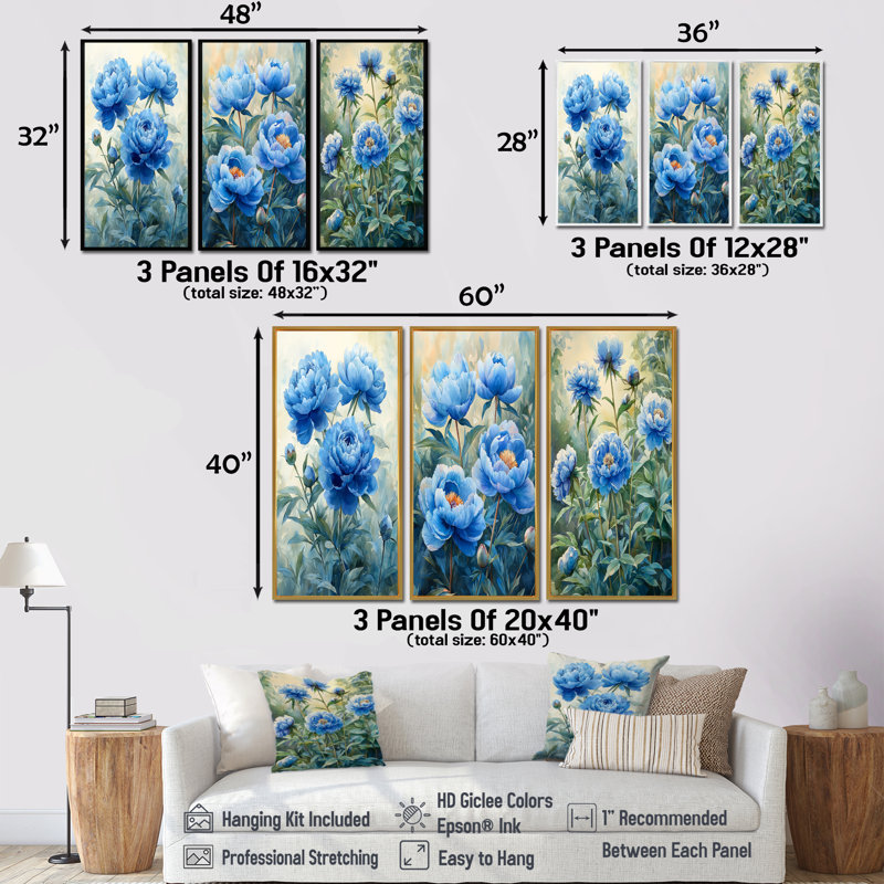Turquoise bleu pivoines dans le jardin I - Collection d'art mural pivoines, H 28 po x l 36 po, Impression encadrée flottante