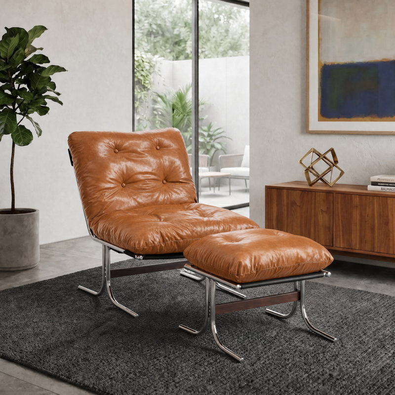 Mid-Century Modern Bauhaus Inspired Leather Lounge Chair With Ottoman Chrome Legs, Brown