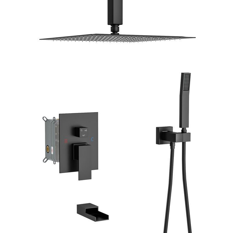 Système de douche carré de 16 pouces à fixation au plafond, bec de baignoire en cascade, soupape d'échaudage, pluie ultra mince avec douche noire matte à rotation de 360 po, douches à 3 fonctions au plafond et à main, couverture