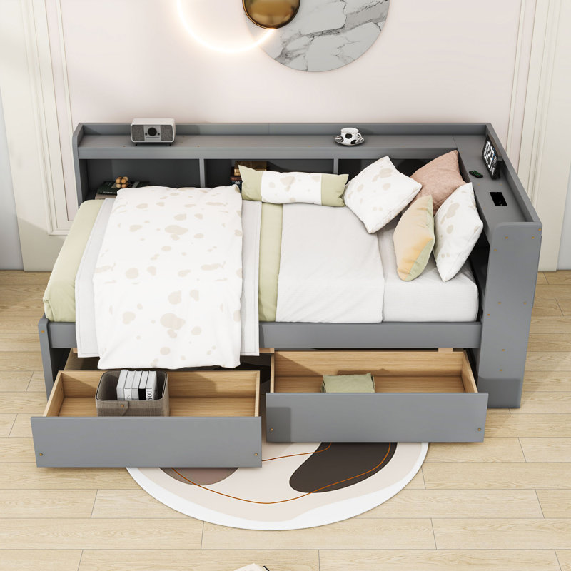 Daybed with L-Shaped Bookcases, USB Charging Station and 2 Storage Drawers, Gray, Twin