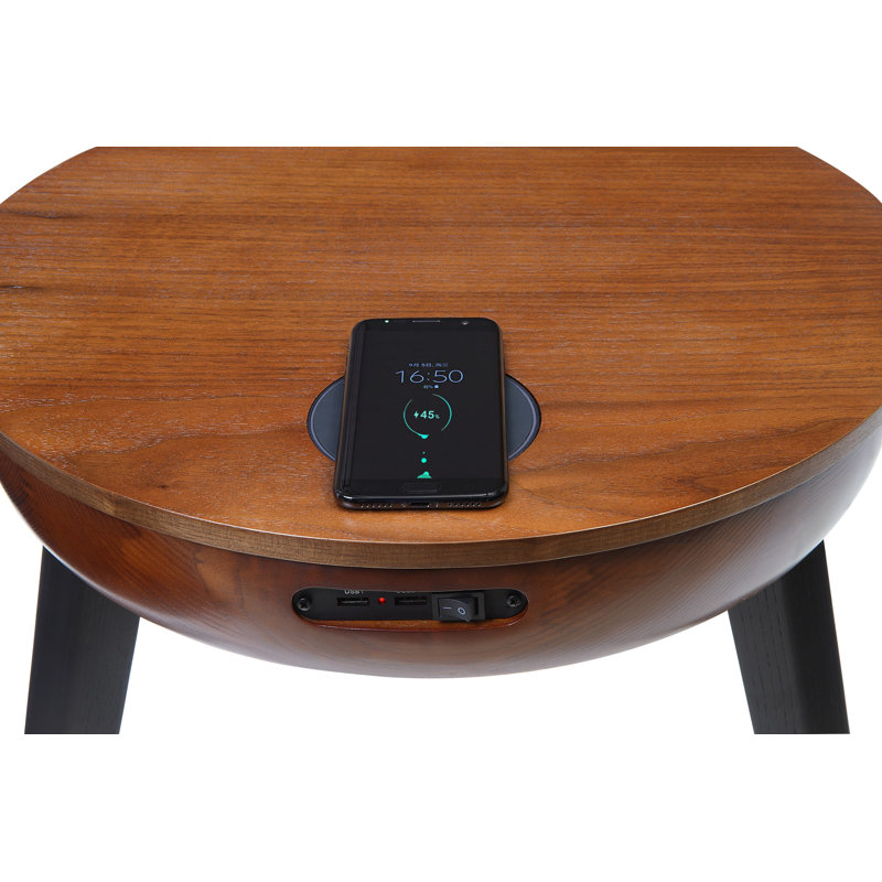 Yoakum End Table with Built-In Outlets, Walnut/Black