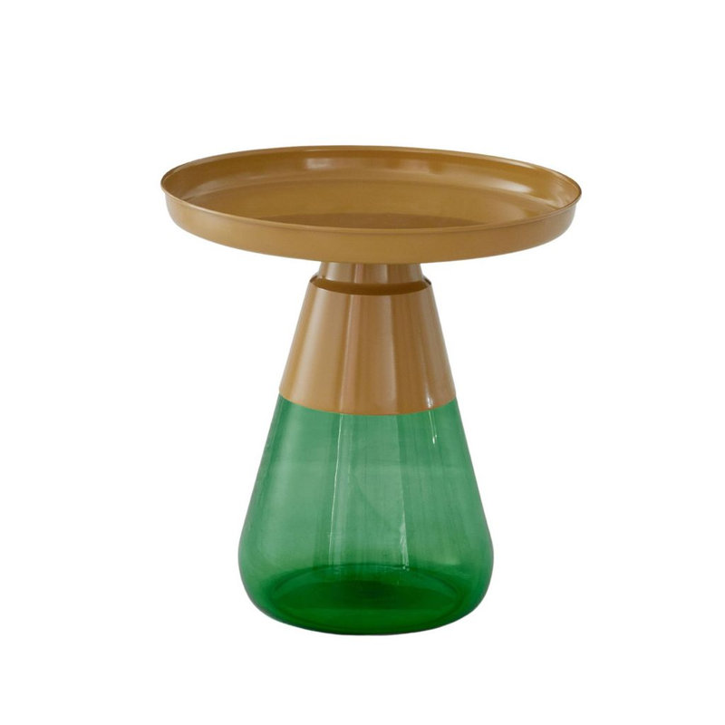 Table d'appoint ronde Aeryn de 19 po avec plateau en titane doré mat et base en verre vert, H 20 po x l 19 po x L 19 po, Or