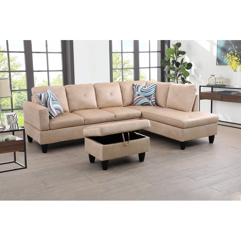 980-SCO-MICROFIBER Upholstered L-Shaped Sectional, Beige Microfiber, Right Hand Facing