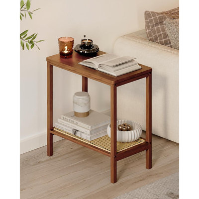 Mid-Century Modern 2-Tier End Table With Rattan Storage Shelves, Narrow Nightstand Or Coffee Table For Small Spaces, Boho-Style Bamboo Bedside Table