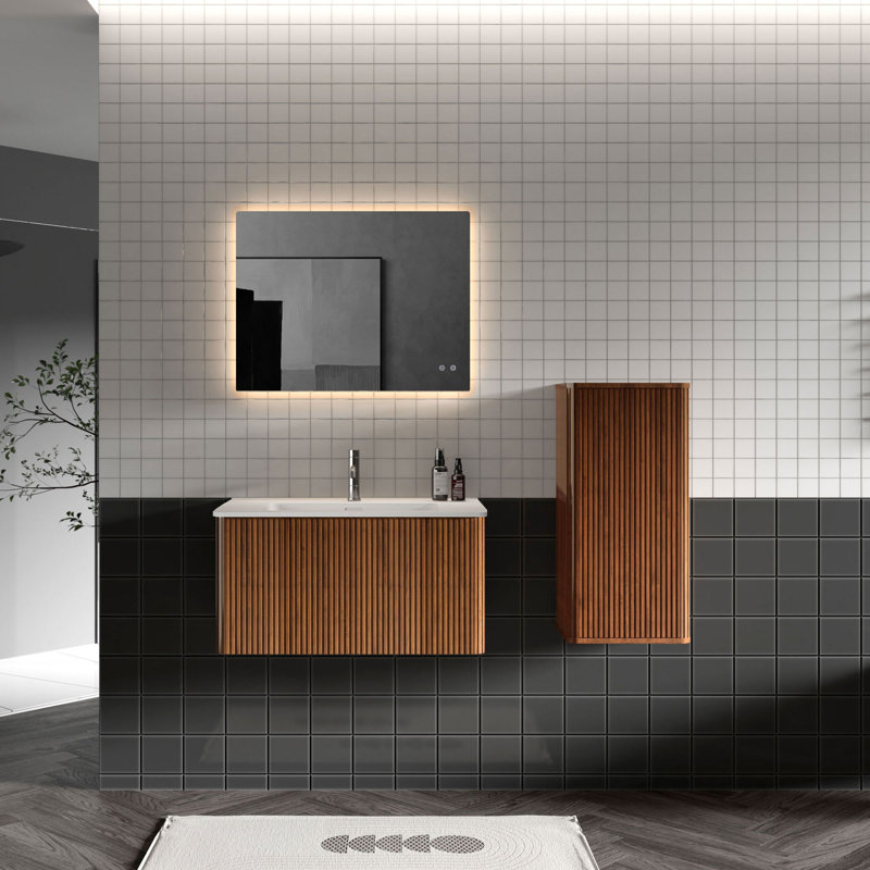 Meuble-lavabo mural simple pré-assemblé avec comptoir avec trop-plein 30 po Hannemarie, Noyer, 30", Matte White