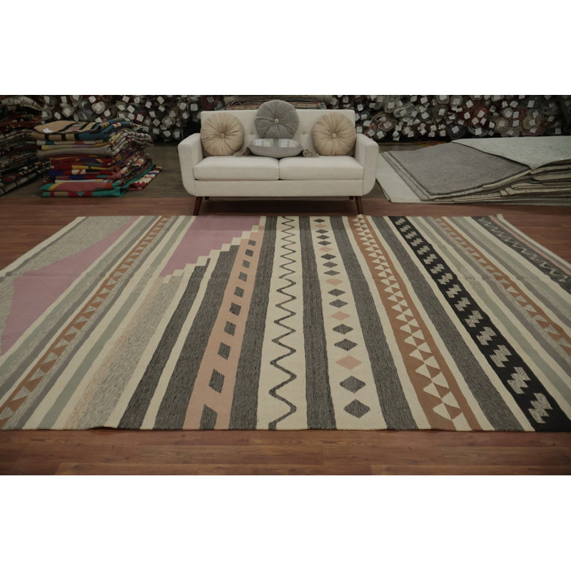 Élégant tapis kilim géométrique 9 x 12 dans des tons pastel doux