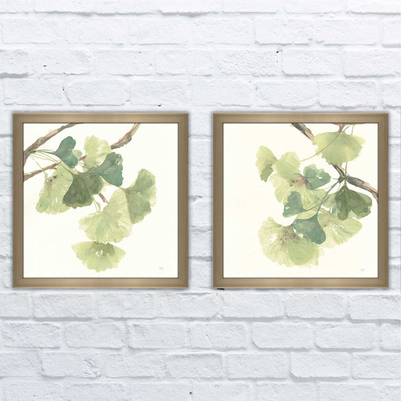 « gingko leaves i light », ensemble de 2 reproductions de peintures à l’aquarelle encadrées, H 16,5 po x l 33 po