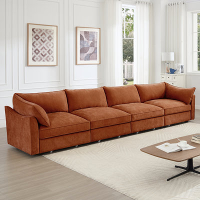 Orange Chenille Four - Person With Super Large Wide And Deep Seats Pull Out Storage, Crescent Shaped Design, Soft Smooth Upholstery Seater Couch Storage Drawers, Wrapped Around , Hidden In Seat