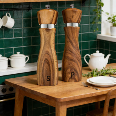 Refillable Salt And Pepper Grinder Set With Adjustable Coarseness, Solid Acacia Wood Construction And Ceramic Stainless Steel Core, 8-Inch Mills