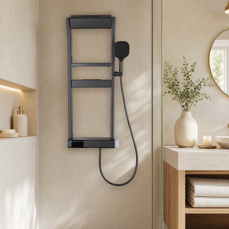 Modern Dual-Height Thermostatic Shower System With 4 Functions with Shelf Led Display with Bathtub Faucet Adjustable Showerheads for Adults & Kids