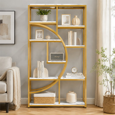 Industrial 9 Shelf Step Bookcase with Vintage Laminate Shelves and Powder Coated Iron Frame Freestanding Display Shelf and Room Divider for Living Room Bedroom and Home Office