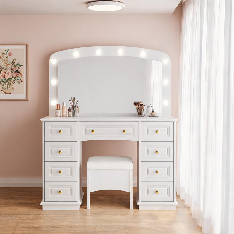 Coiffeuse de maquillage blanche de luxe avec 10 ampoules Hollywood, 3 modes d'éclairage couleur, 9 tiroirs de rangement et un tabouret rembourré pour la chambre à coucher