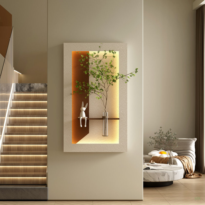 Décoration murale réglable en grès à 3 couleurs DEL avec plantes vertes simulées - sculpture d'art 3D, vase en verre et statue de lapin, bandes lumineuses télécommandées pour le salon, la chambre à coucher, le couloir