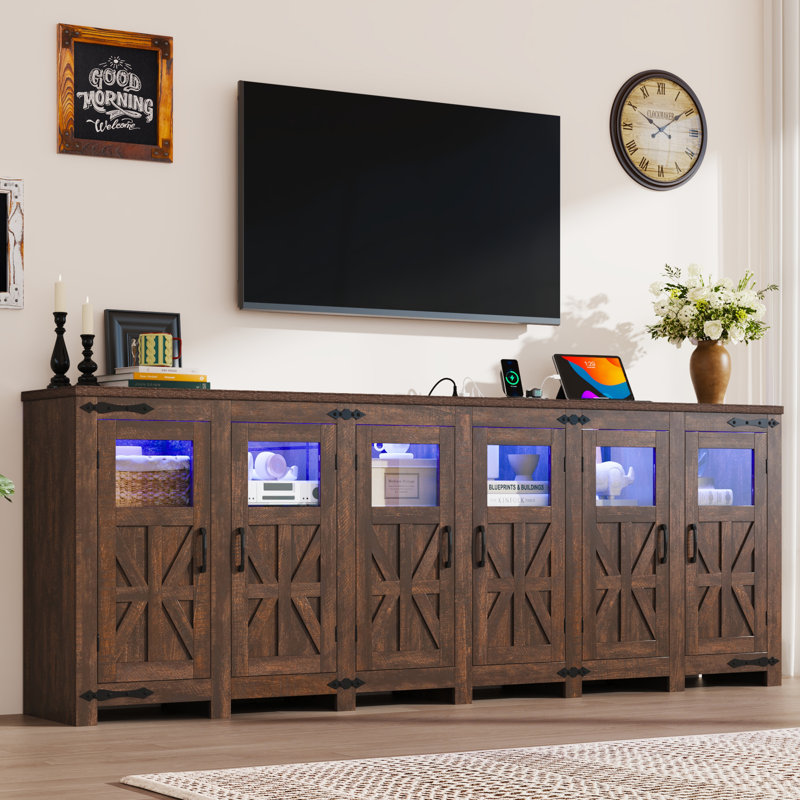 95.3“ LED Farmhouse TV Stand For Tvs Up To 85" With Power Outlets And Adjustable Shelves, Brown, 35.5" H x 95.3" L x 15.75" W