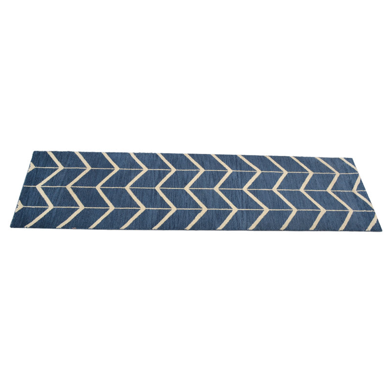 Blue | Beige Handmade Geometric Indoor Area Rug Hand Knotted Runner, Runner 2'6'' x 10'