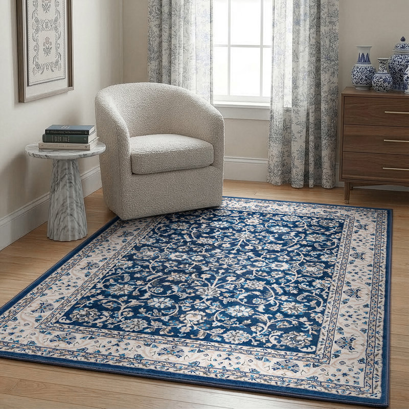 Anmie Oriental Dark Blue/Cream Area Rug, Rectangle 7'10" x 10'3"