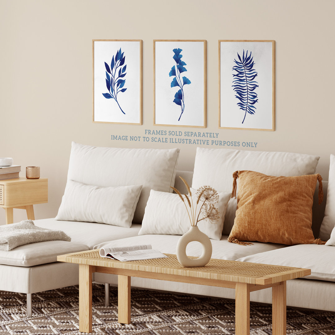 Simple Elegant Flower Plant Leaf Foliage Cobalt Blue Watercolour - 3 Piece No Frame Print Set