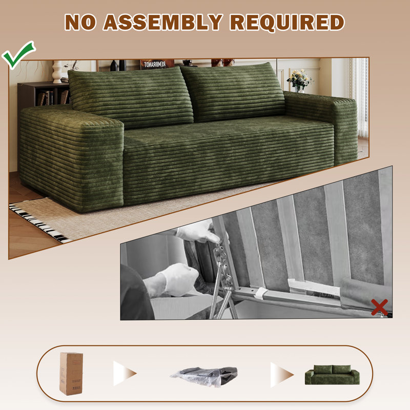 Boneless Corduroy Boneless Couch, Compression Sofa with Deep Seat, No Assembly Required, Comfy Loveseat Sofa with 2 Pillows, Sofa Couches for Living Room/Apartment