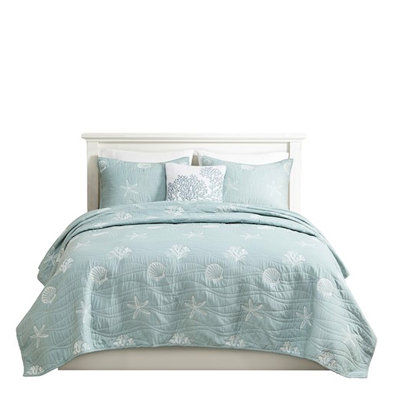 4 Cotton Bedding. Embroidered Coral, Filling, Bedroom Decor Quilt With Motifs. 2 Shams & Decorative Pillow, Bedding