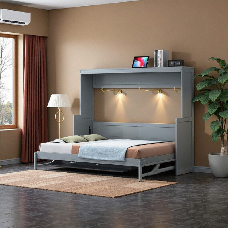 Lit escamotable double avec bureau intégré et charnières hydrauliques, Gris