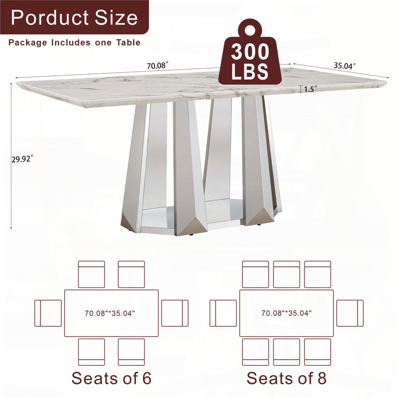 Table de salle à manger 70 '' rectangulaire 70 po pour 6-8 personnes avec base argentée, Blanc / argenté