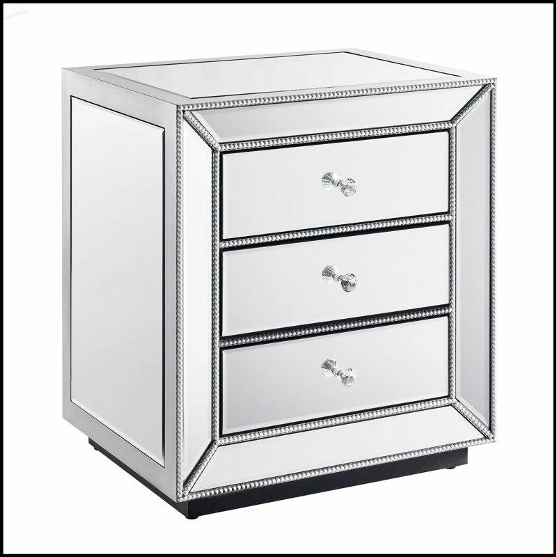 Armoire miroitante à trois tiroirs perlée argentée, parfaite pour le rangement glamour et la décoration.