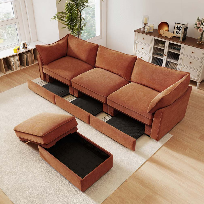 Causeuse en chenille à 3 places avec excellent espace de rangement et 1 repose-pieds mobile, Chenille orange