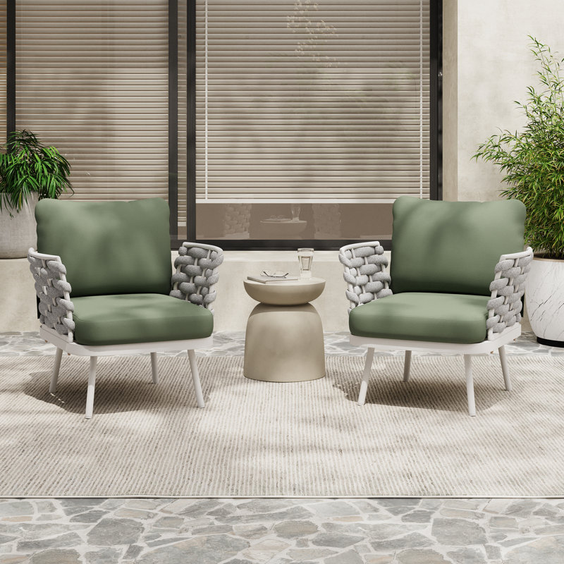 Kris Outdoor Woven Rope Lounge Chairs With Steel Frame & Cushions, Green Cushion/White Frame