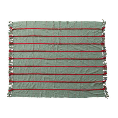 Woven Blend Throw With Braided Embroidery, Grid Pattern And Fringe