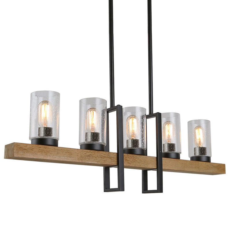 Luminaire suspendu pour îlot de cuisine à 5 lumières d'une largeur de 35,5 po avec accents en bois