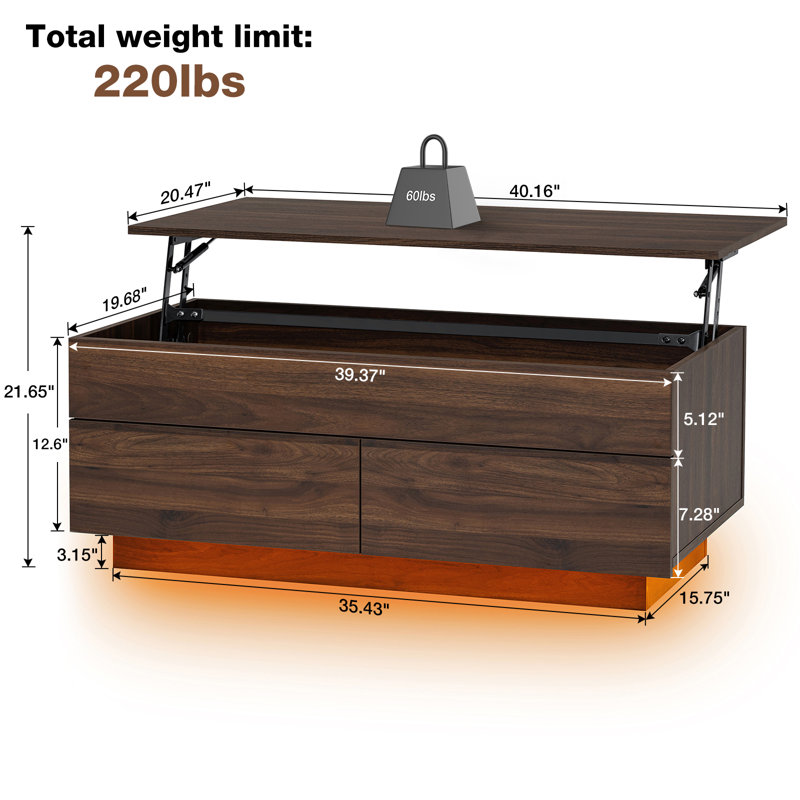 Aviad Lift Top Coffee Table with Multifunctional RGB LED Lights, Hidden Compartment and Drawers, Walnut