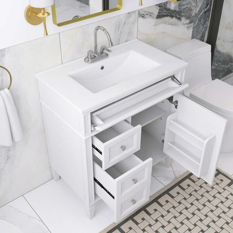Meuble-lavabo simple autoportant de 30 po avec plateau en céramique, Blanc, Argent argent