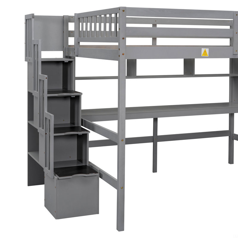 Lit mezzanine double avec bureau, tablettes de rangement et escalier, Gris