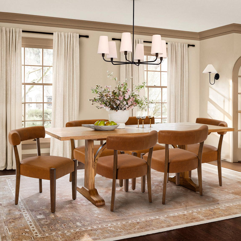 Mid-Century Modern Dining Chairs Brown Faux Leather Upholstered Wood Frame Kitchen Chairs, Brown Faux Leather/Brown