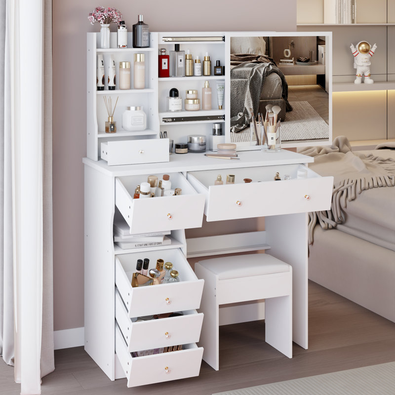 37" Middle Size Left Drawer Desktop Vanity Table + Cushioned Stool, White
