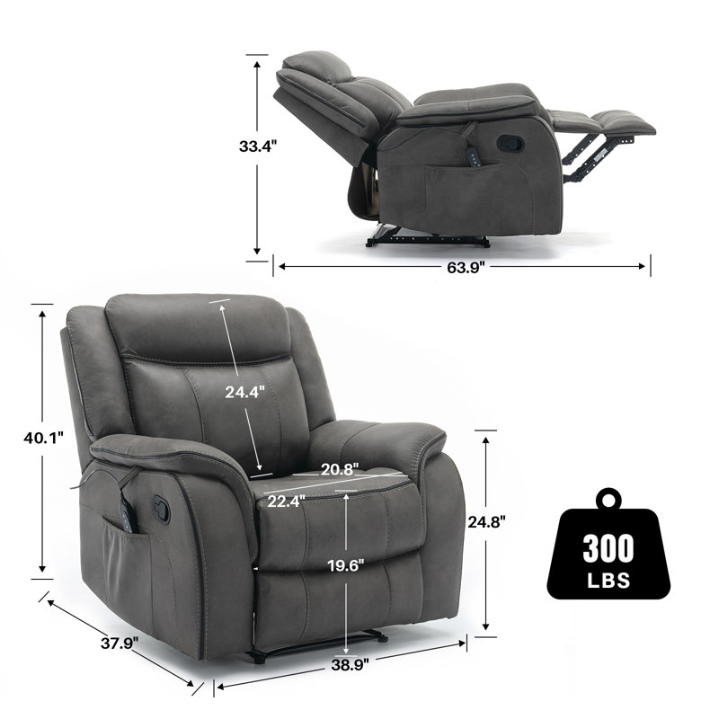 Abbagail 38.9" Wide Overstuffed Faux Leather Manual Recliner with Massage and Heating, Gray